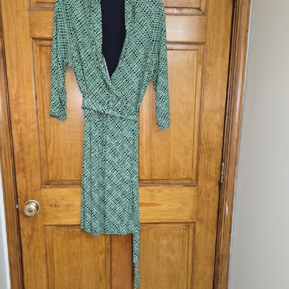 Liz Claiborne Faux Wrap Navy and Green Patterned Long Sleeve Dress